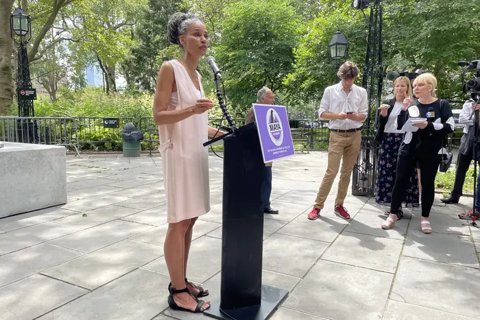 Maya Wiley spoke with reporters on Thursday at City Hall Park.